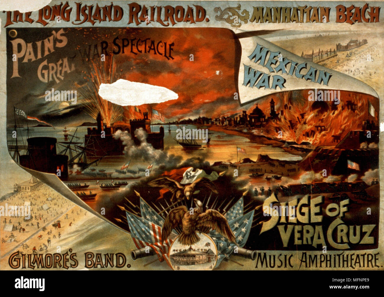 Mexikanisch-amerikanischen Krieg 1846-1848: Schlacht von Vera Cruz, 20-tägigen Belagerung der Stadt 9-29 März 1847. Amerikanische Truppen die Stadt und marschierte auf nach Mexiko Stadt. Dies war die erste große amphibischen Angriff durch die Vereinigten Staaten Kräfte. Plakat werbung eine spektakuläre musikalische Unterhaltung feiern den amerikanischen Sieg. Chromolithograph. Stockfoto