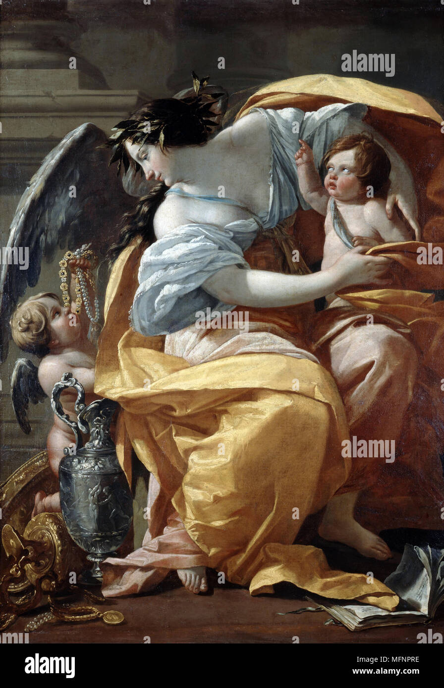 La Richesse" c 1640. Öl auf Leinwand. Allegorische Gemälde von Simon Vouet (1590-1649), französischer Maler des Barock. Geflügelte Figur mit zwei Putti, einer von ihnen ihre Perlen, Silber und Gold. Reichtum Reichtum Stockfoto