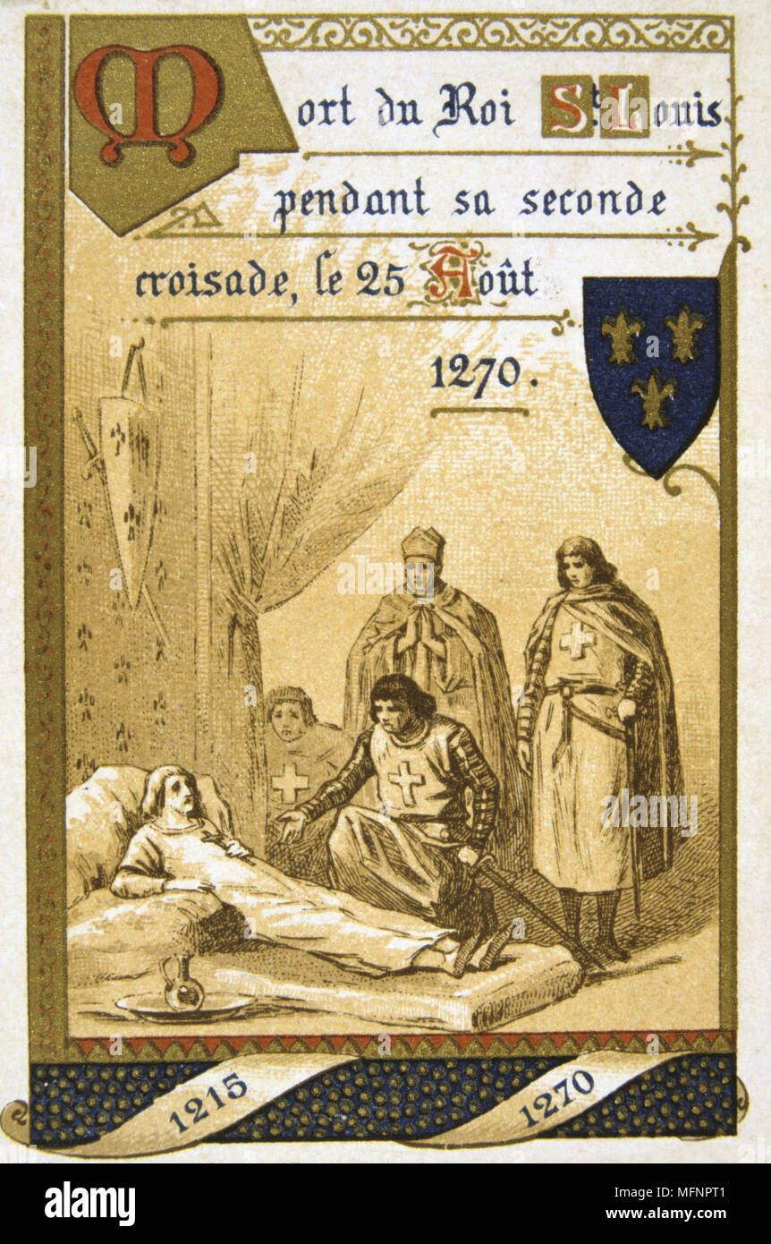 Ludwig IX. von Frankreich (Saint Louis 1214-1270). Louis sterben an der Pest oder Ruhr in Tunis auf seiner zweiten Kreuzzug. 19. Jahrhundert Handel Karte Lithographie Stockfoto
