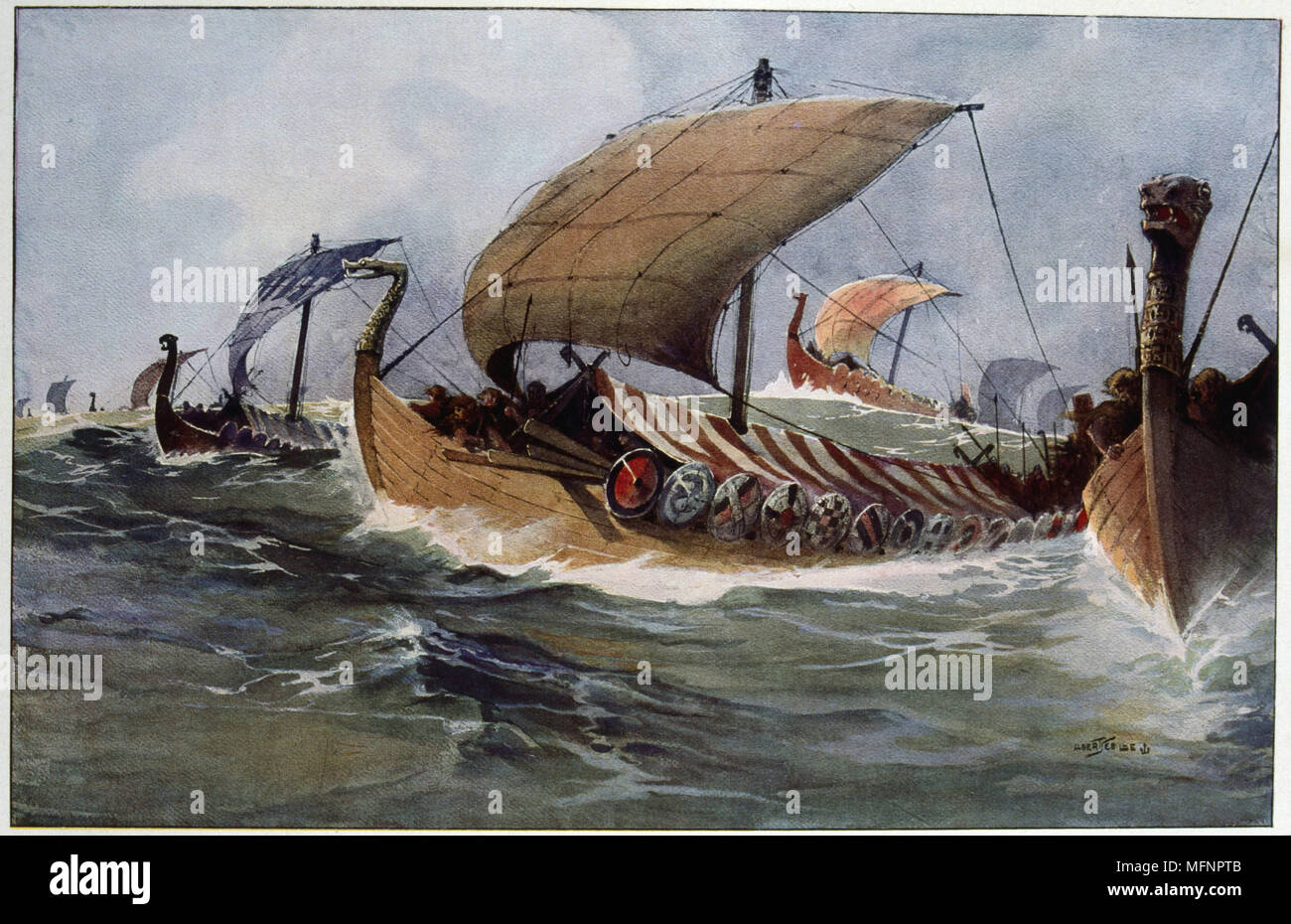 Drakkar. Viking longships unter Segeln. Aquarell von Albert Sebille (1874-1953). Stockfoto