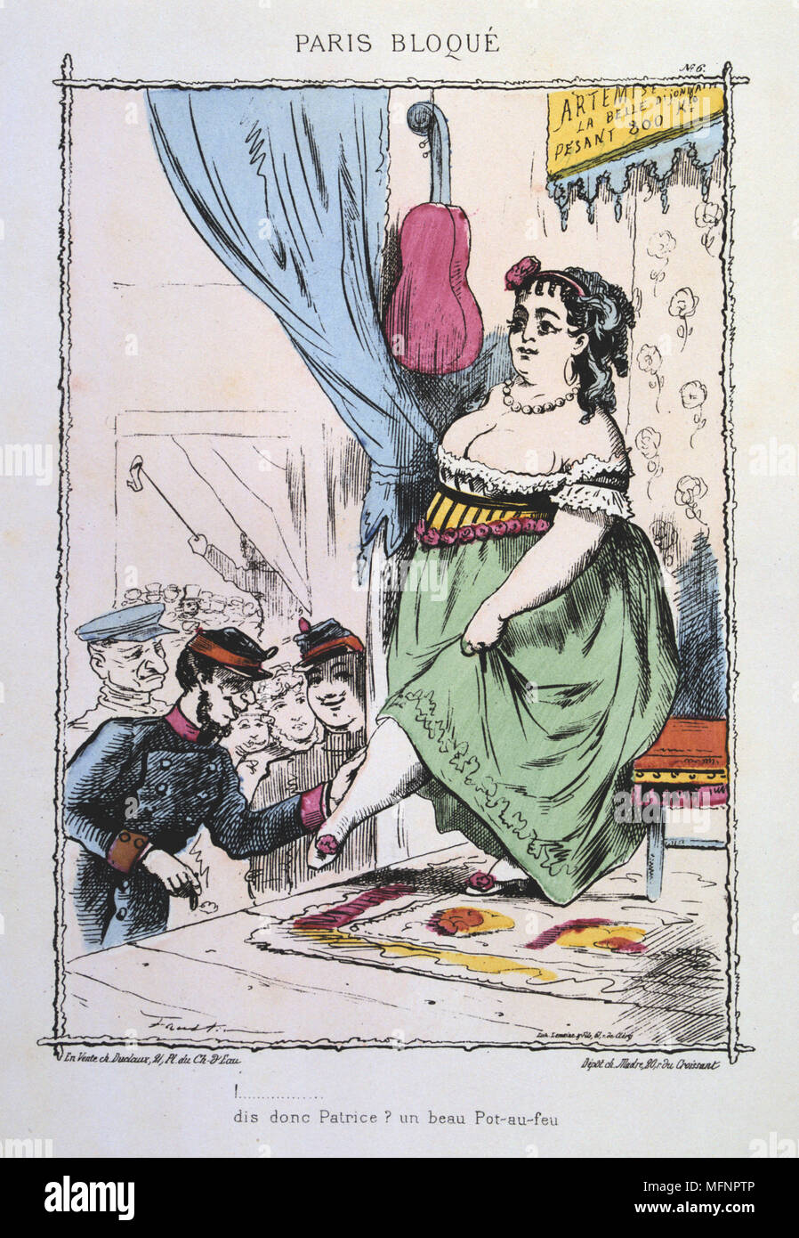 Deutsch-französischen Krieg 1870-1871: Belagerung von Paris vom 19. September 1870-28 Jan 1871. Hungrig französischen Nationalen Scots Guards, denkt an einen guten Gebrauch von Kalb der Fat Lady - einen guten Eintopf. Von "Paris Bloque', Faustin Betbeder. Frankreich Deutschland Lebensmittelknappheit Stockfoto