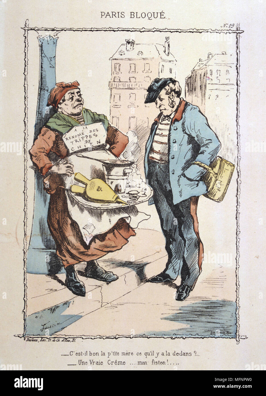 Deutsch-französischen Krieg 1870-1871: Belagerung von Paris vom 19. September 1870-28 Jan 1871. Nationale Scots Guards nicht Lust die Feinheit der Street Hersteller bietet - Hund Innereien. Von "Paris Bloque', Faustin Betbeder. Frankreich Deutschland Lebensmittelknappheit Hunger Stockfoto