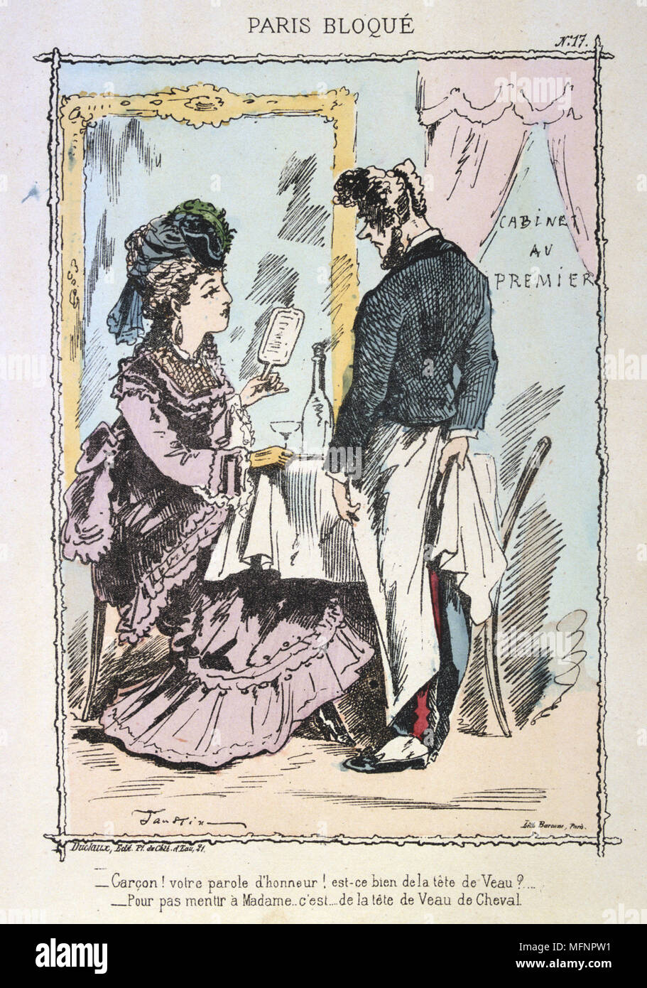 Deutsch-französischen Krieg 1870-1871: Belagerung von Paris vom 19. September 1870-28 Jan 1871. Dame gefragt, Kellner, wenn es wirklich Kalbfleisch auf das Menü ist. Er räumt "ein Kalbfleisch Gericht mit Pferd. Von "Paris Bloque', Faustin Betbeder. Frankreich Deutschland Essen Stockfoto