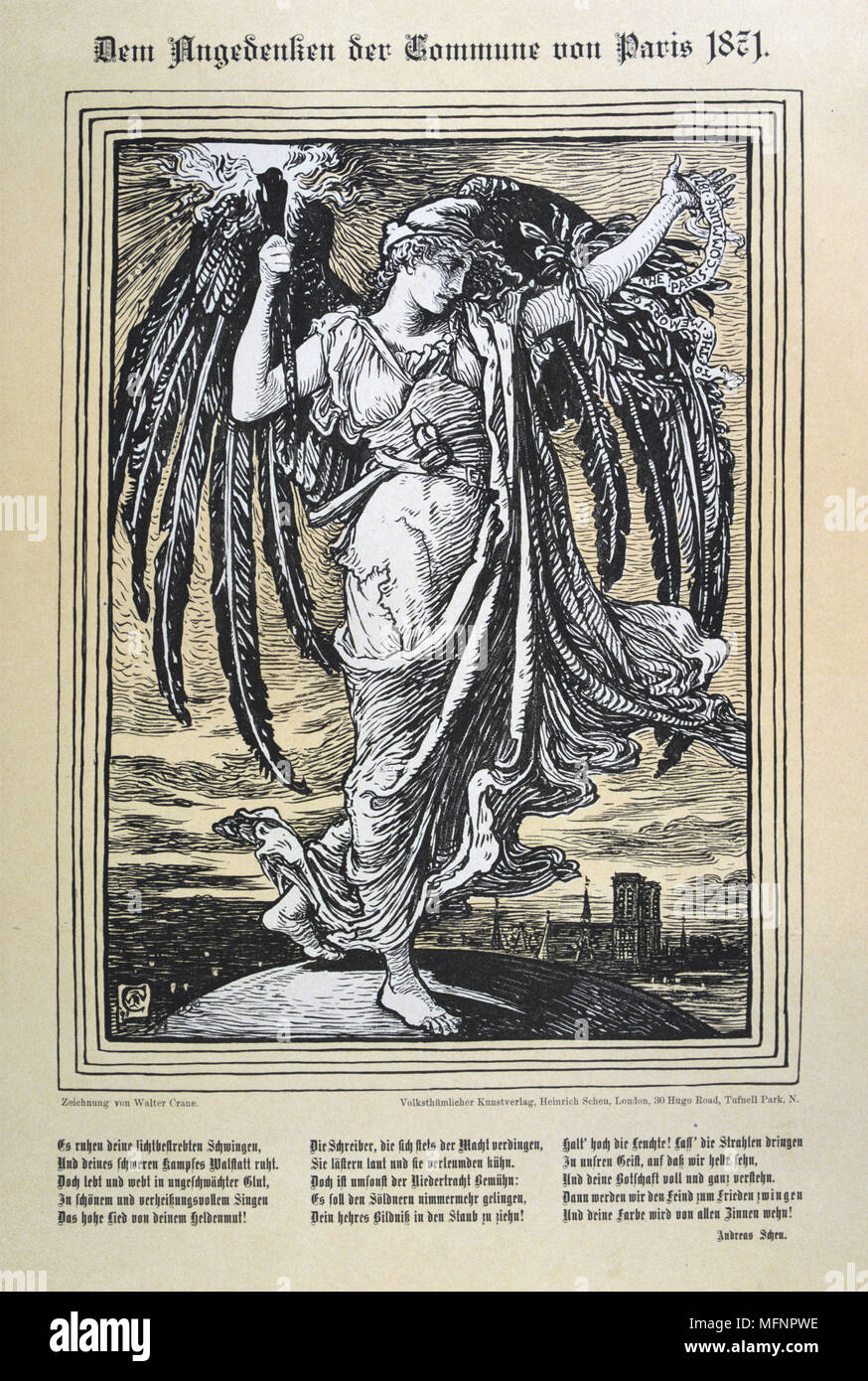 Allegorische Darstellung der Engel der Pariser Kommune (26. März-28 Mai 1871). Abbildung von Walter Crane (1845-1915), englischer Künstler, in Deutschland veröffentlicht. Stockfoto