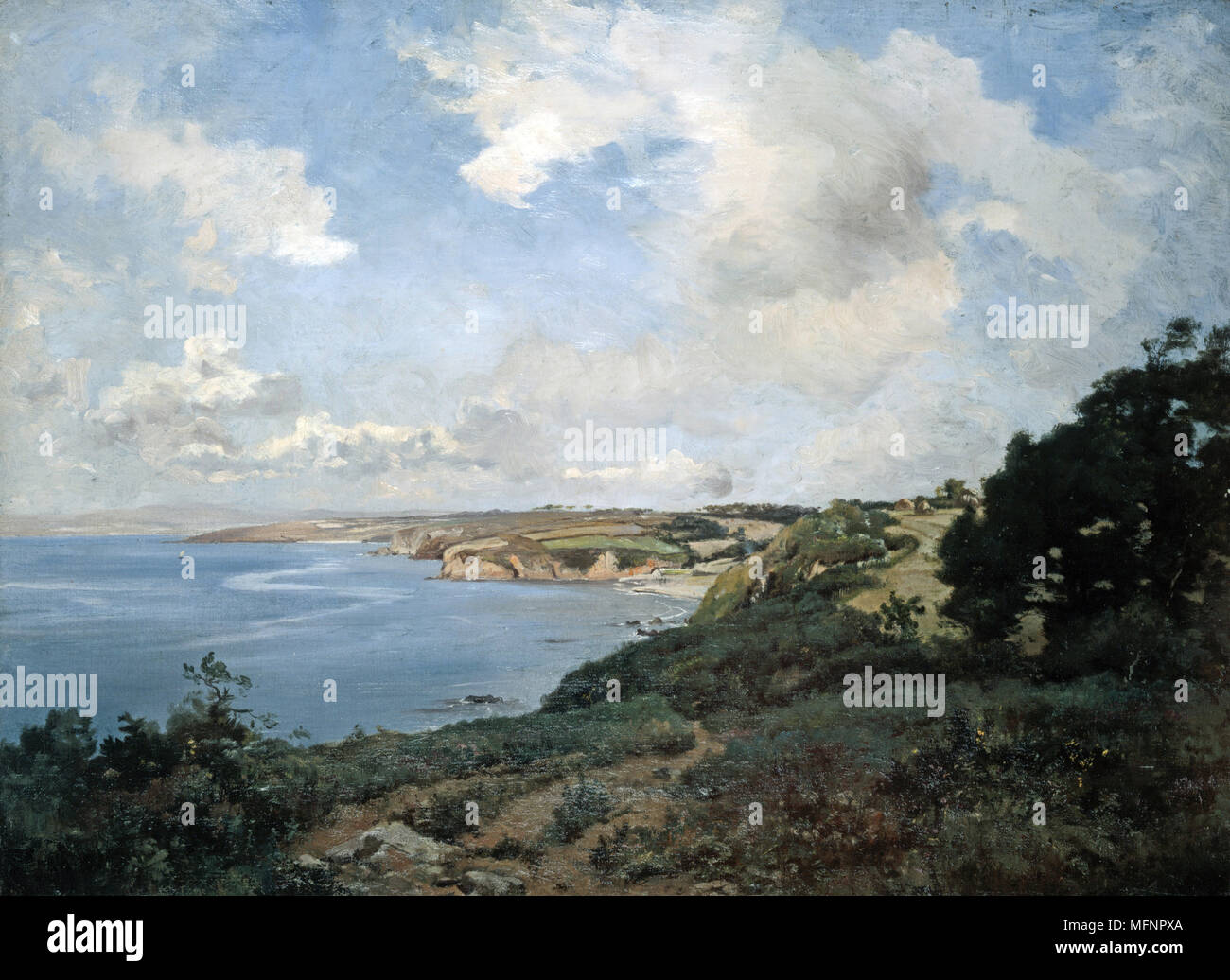 Douarnenez - Abend', 1872. Öl auf Leinwand. Frankreich Emmanuel Lansyer (1835-1893), französischer Landschaftsmaler. Seascape Blye Himmel Wolke Klippe Küste Stockfoto