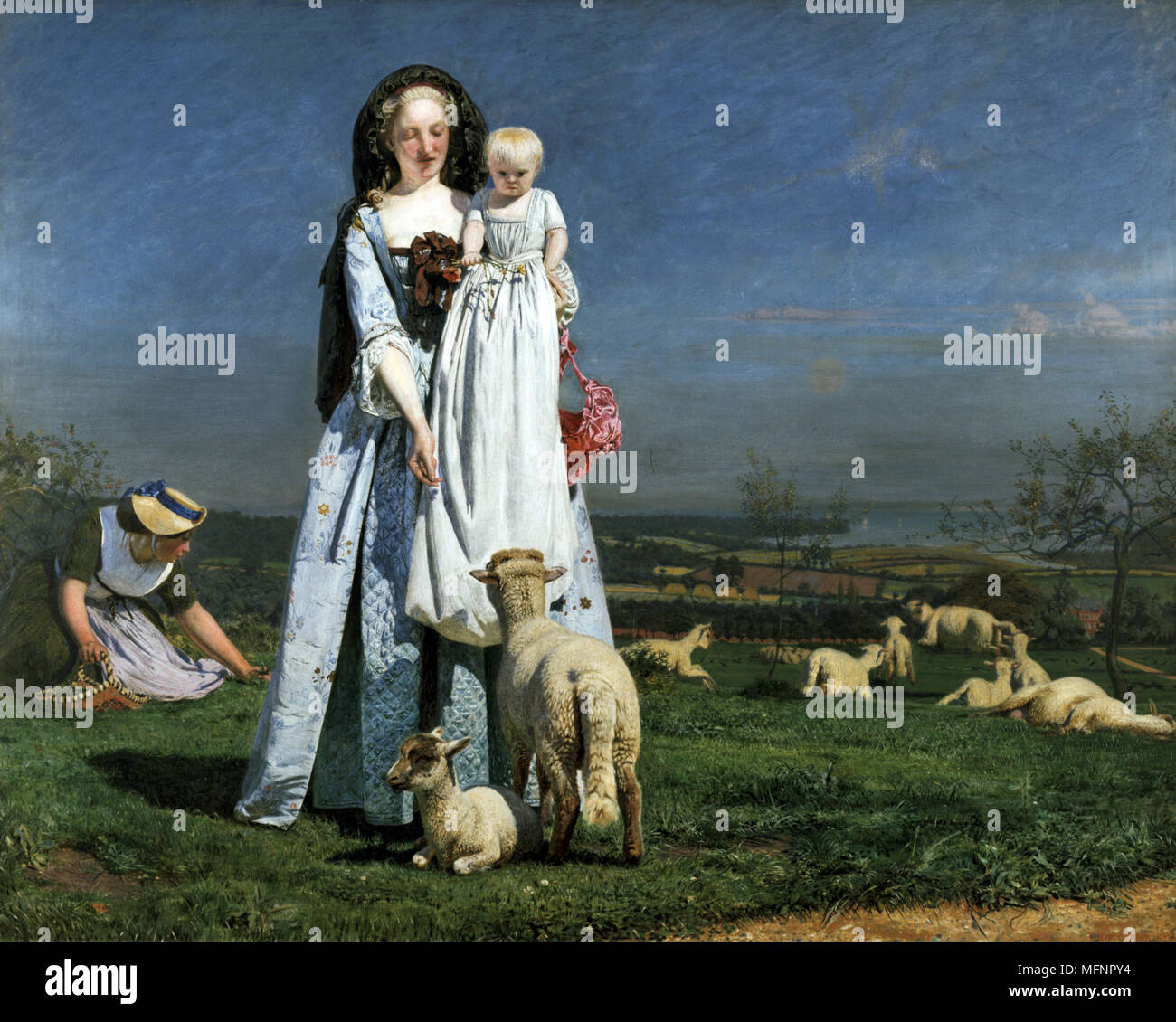 Ziemlich Baa-Lambs', 1851-1859. Ford Madox Brown (1821-1893) britische Maler. Draußen auf Clapham Common, in der Nähe von London gemalt. Seine zweite Frau Emma und ihre Tochter Cathy aufgeworfen als die Mutter und das Kind. Landschaft Schafe England Stockfoto