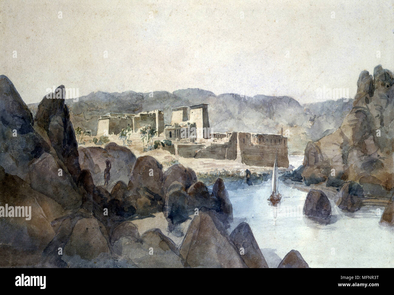Die Insel Philae". Hector Horeau (1801-1872), französischer Architekt. Die Ruinen der Tempel der Isis, der Göttin des alten Ägypten, Schwester und Gemahlin des Osiris. Archäologie Architektur Religion Mythologie Antike Ägyptische Stockfoto