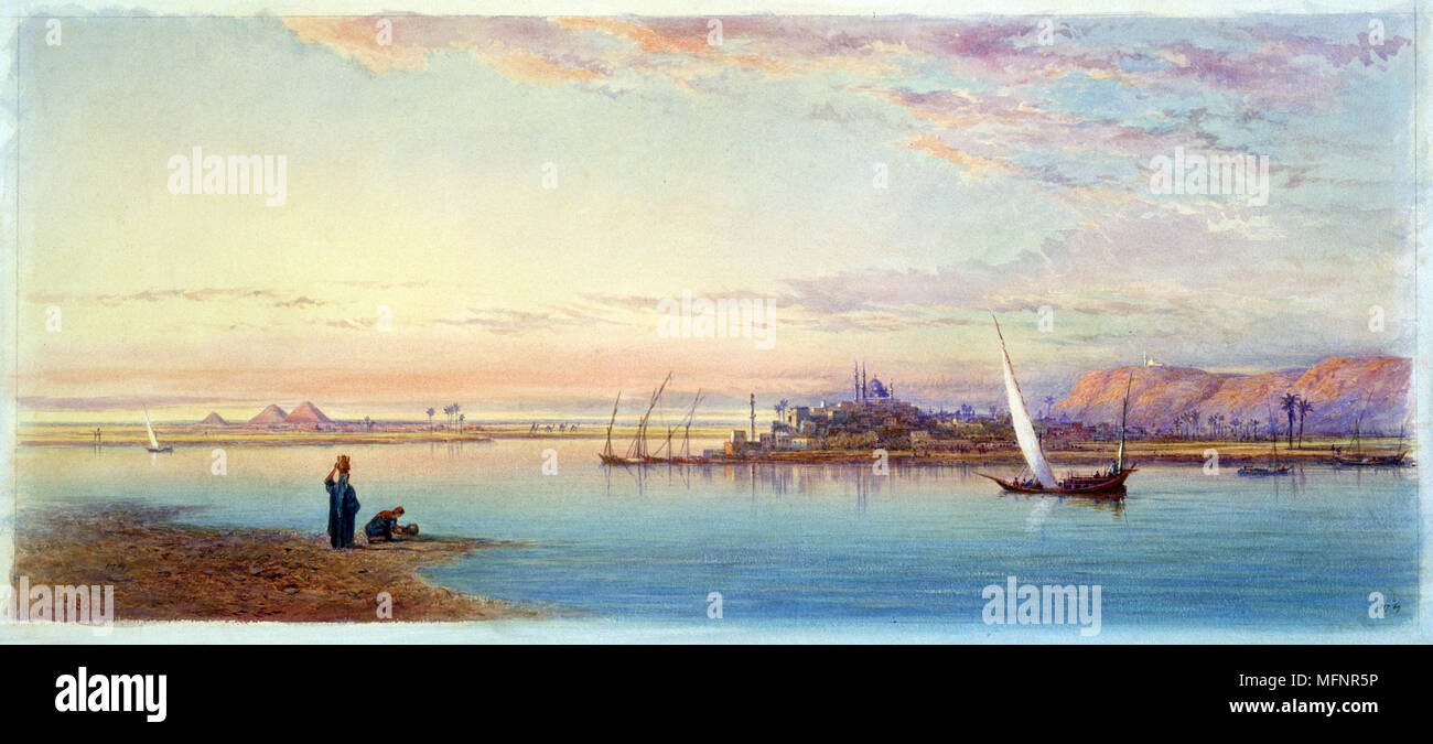 Der Nil in der Nähe von Bulak", 1868. Aquarell von Henry Pilleau (1813-1899), englischer Künstler. Blick auf den Fluss Nil mit Pyramiden von Gizeh im linken Hintergrund. Landschaft Ägypten Kairo Boulak Stockfoto