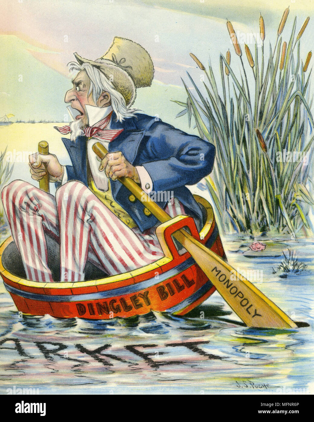 Uncle Sam (Amerika) in der Gefahr des Sinkens durch Präsident McKinley (Dingley Bill) und seine Politik von Monopolen. Cartoon-1900. Stockfoto