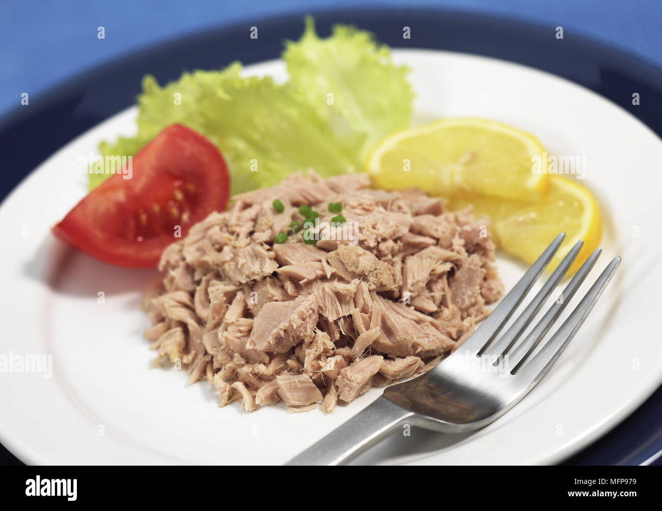 Salatteller mit Thunfisch, Tomaten und Zitrone Stockfotografie - Alamy
