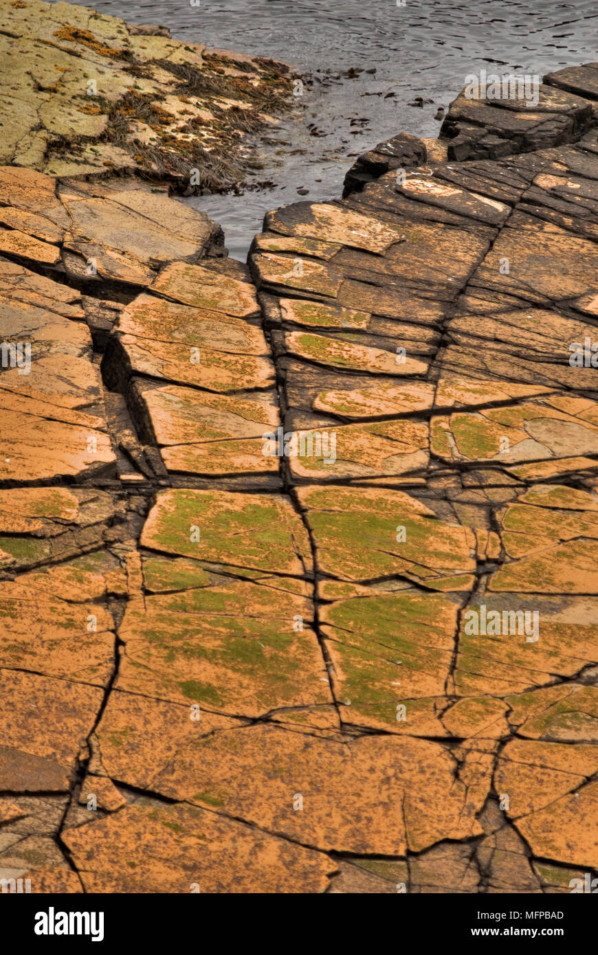 Farbigen Felsen in der Nähe von Yesnaby, West Festland, Orkney, Schottland. Stockfoto