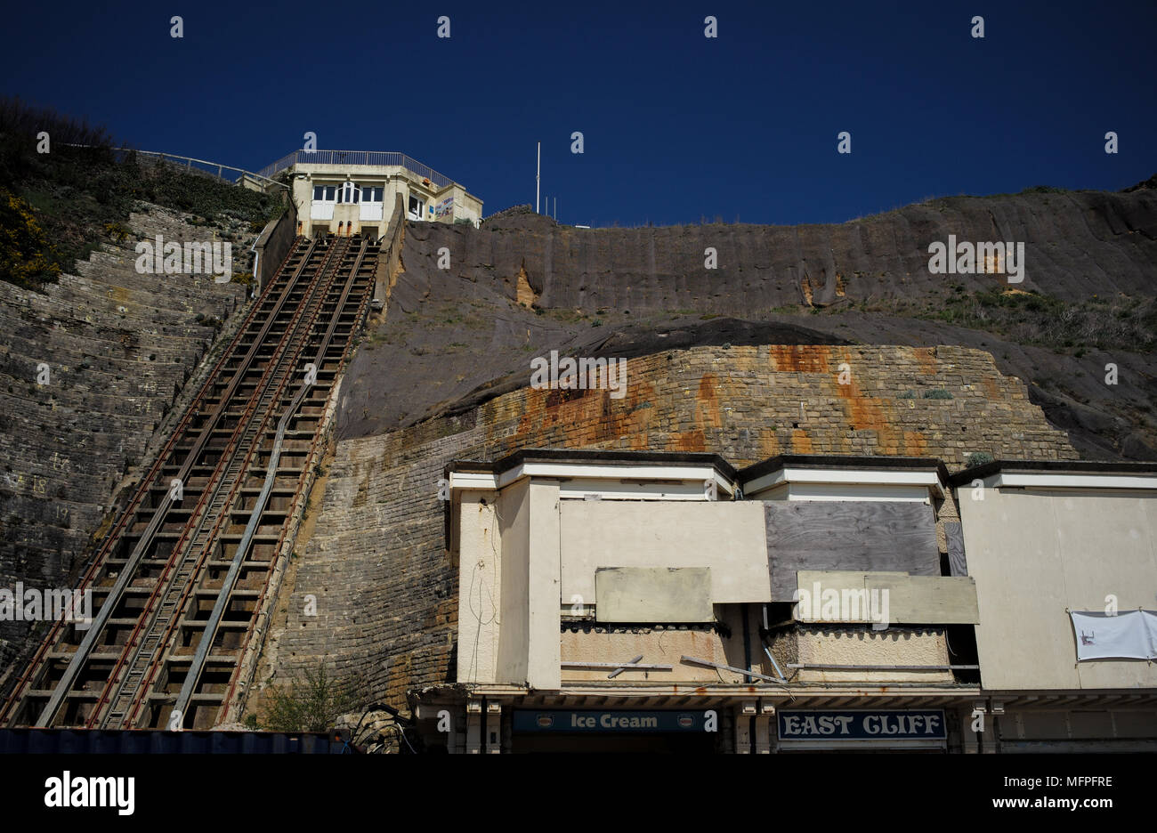 East Cliff Standseilbahn Cliff Lift geschlossen aufgrund einer kürzlich Erdrutsch im Eozän cliff Struktur. Bild zeigt Schäden an Schienen und Klippen. Stockfoto