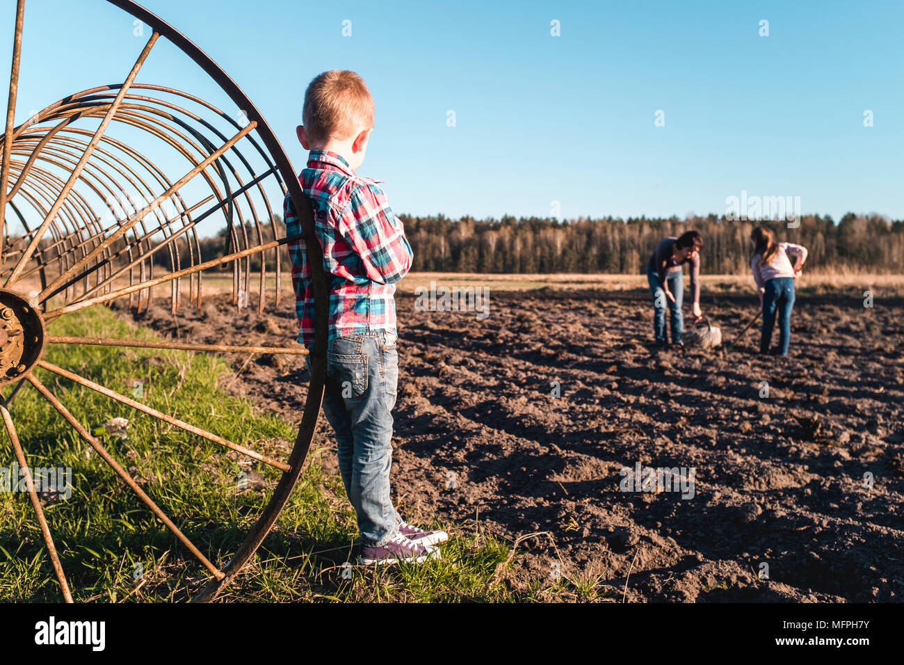 Junge beobachten, wie Frau und Mädchen bereiten den Boden für die Aussaat Stockfoto