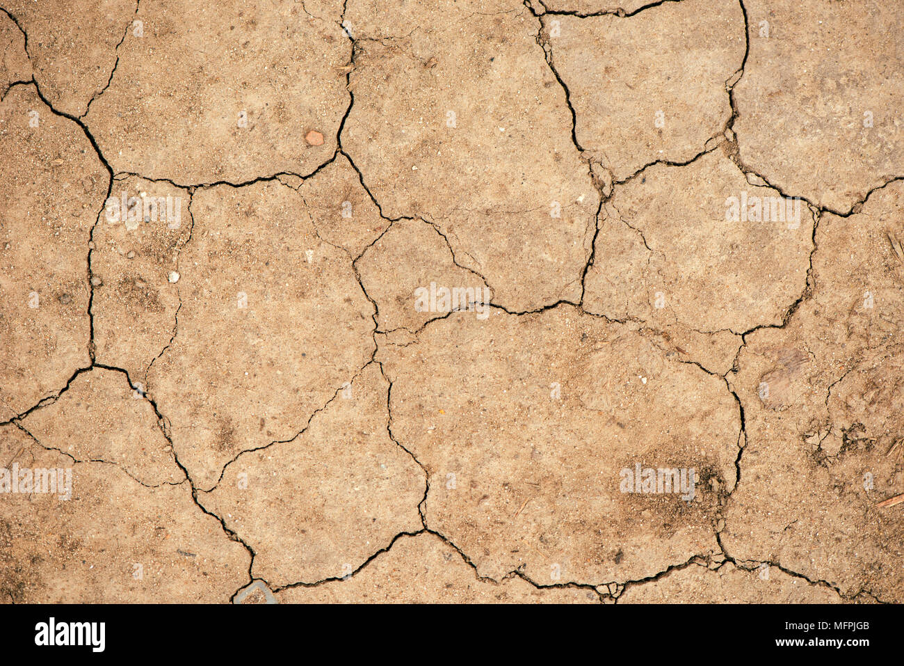 Blick von oben auf die Risse im trockenen Boden Boden Textur für Dürre Jahreszeit Hintergrund Stockfoto