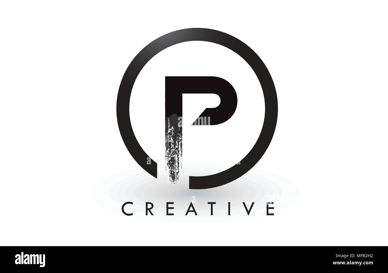 P Pinsel Schreiben Logo Design mit schwarzer Kreis. Kreative gebürstet Buchstaben Symbol Logo. Stock Vektor