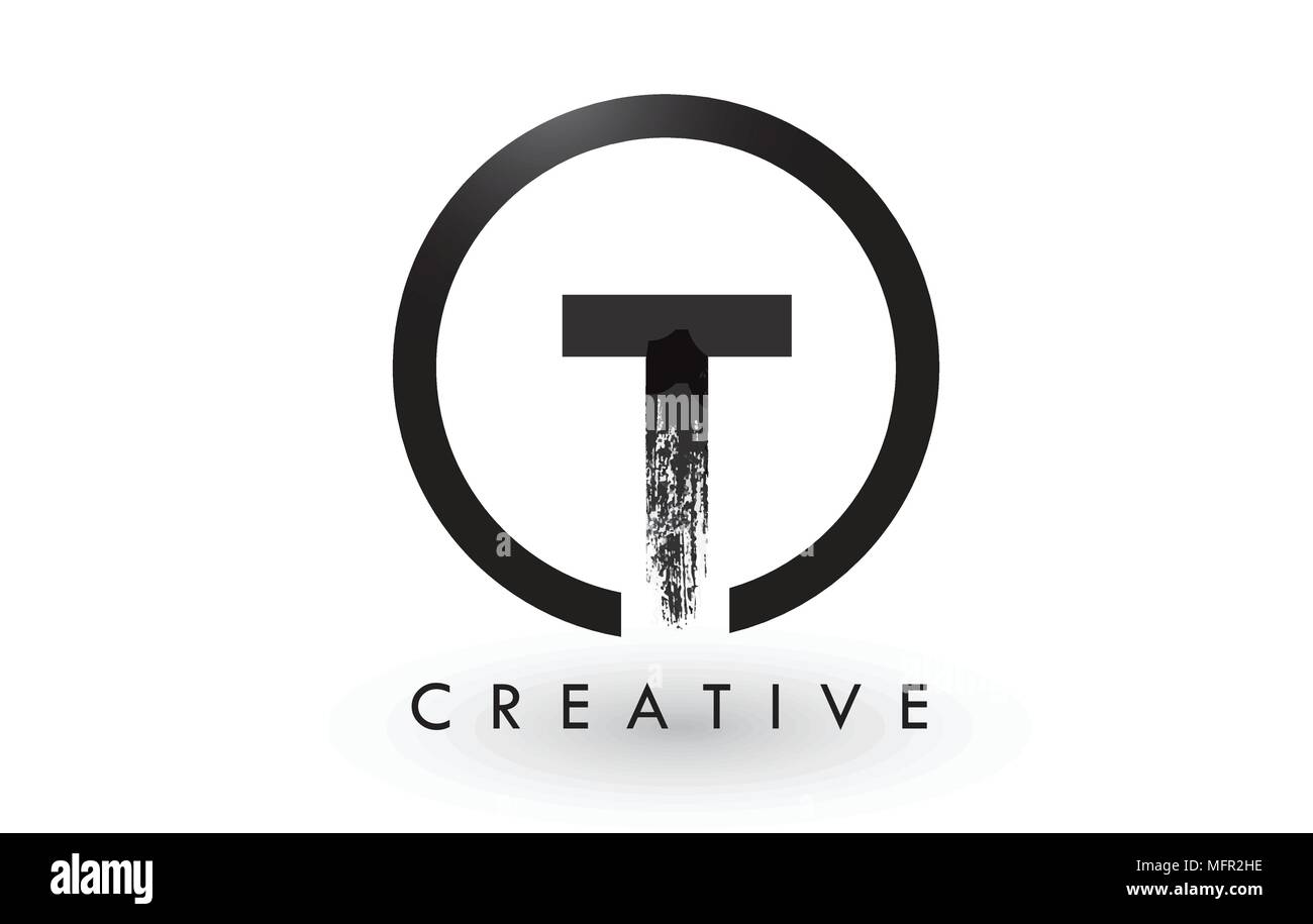 T Pinsel Schreiben Logo Design mit schwarzer Kreis. Kreative gebürstet Buchstaben Symbol Logo. Stock Vektor