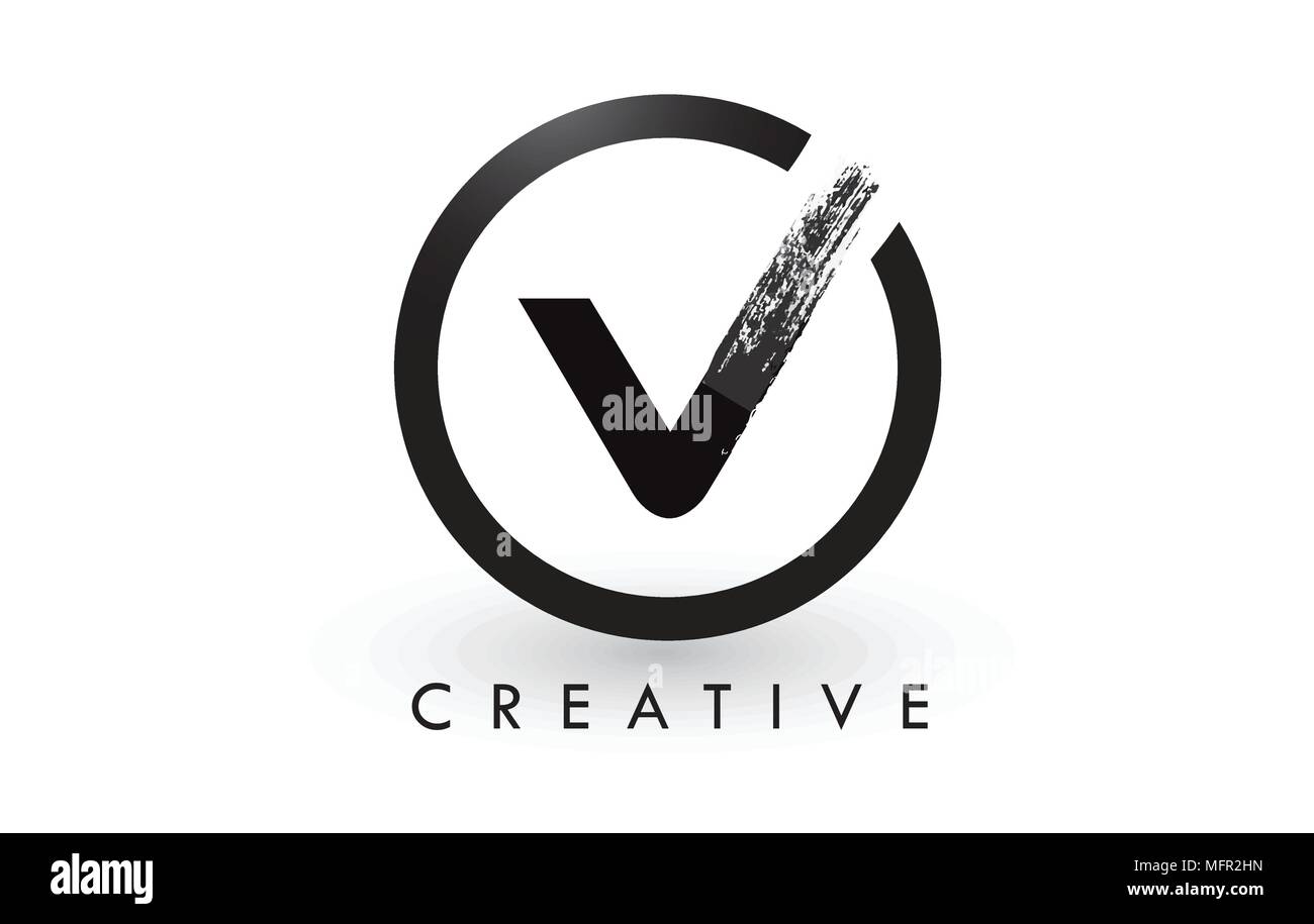 V Pinsel Schreiben Logo Design mit schwarzer Kreis. Kreative gebürstet Buchstaben Symbol Logo. Stock Vektor
