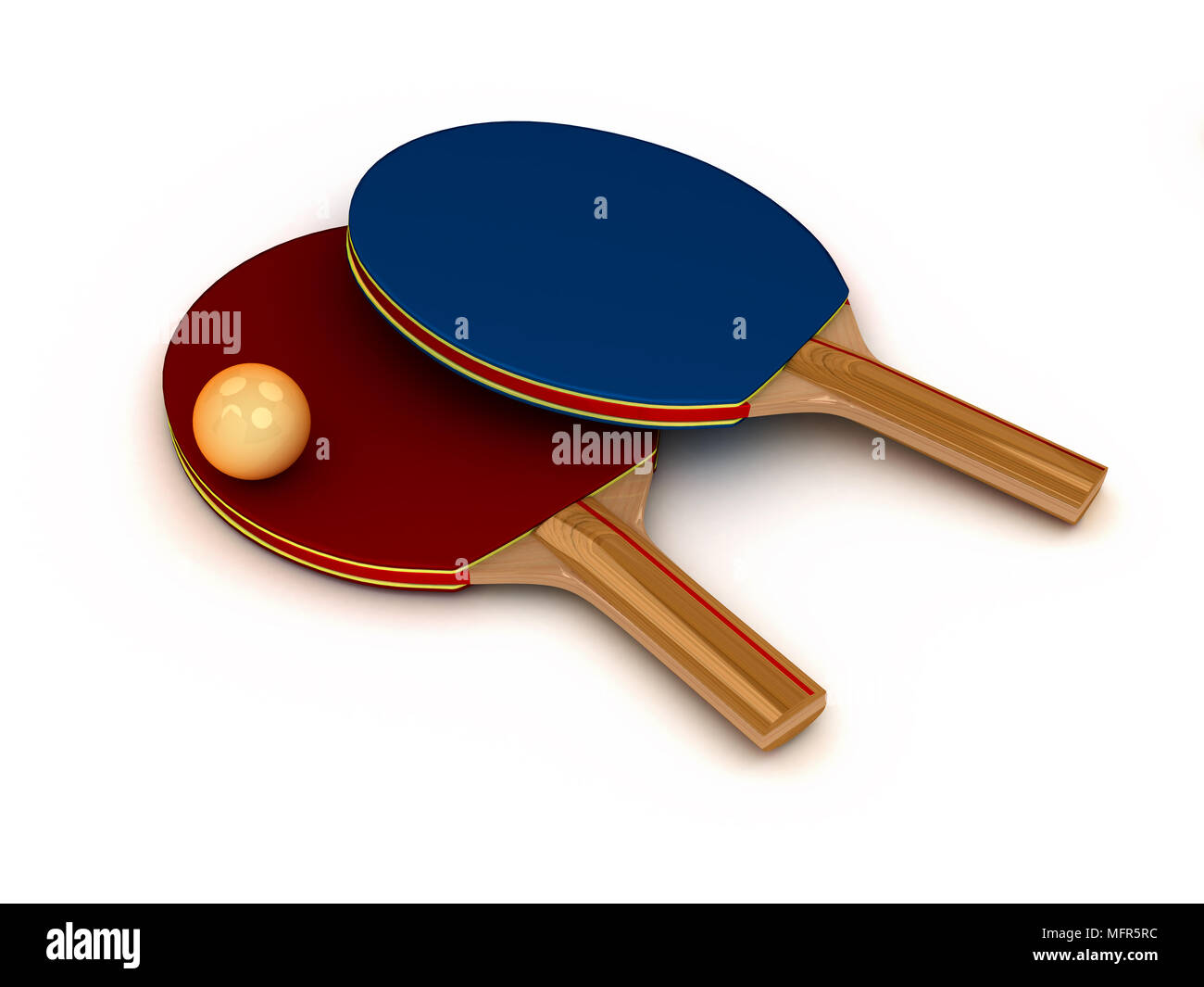 3d Ping pong Schläger mit Ball auf weißem Hintergrund Stockfoto