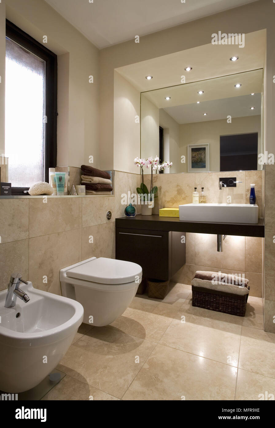 Spiegel über dem Waschbecken auf Regal in modernes Bad mit WC und Bidet unten Fenster eingestellt Stockfoto