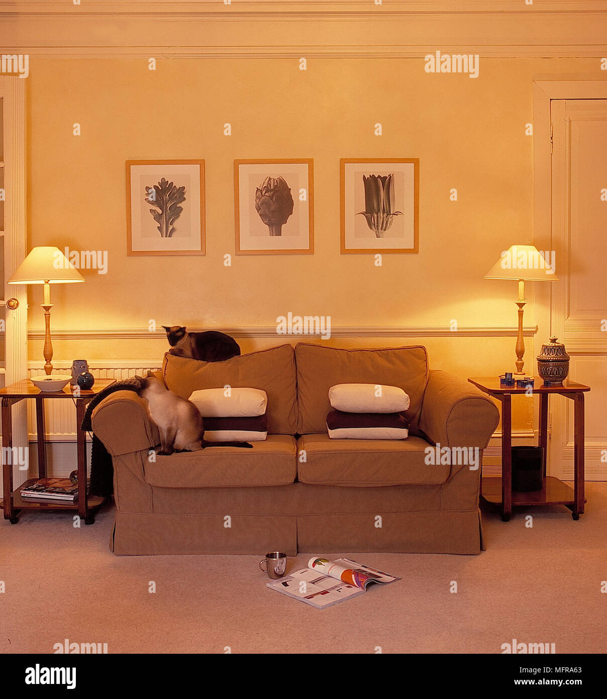 Wohnzimmer blassgelben Wänden bequemes Sofa paar Leuchten Lampen mit  Schattierungen Platz 2 Tier Beistelltische Ornamente Kissen drei gerahmte  Bilder Si Stockfotografie - Alamy
