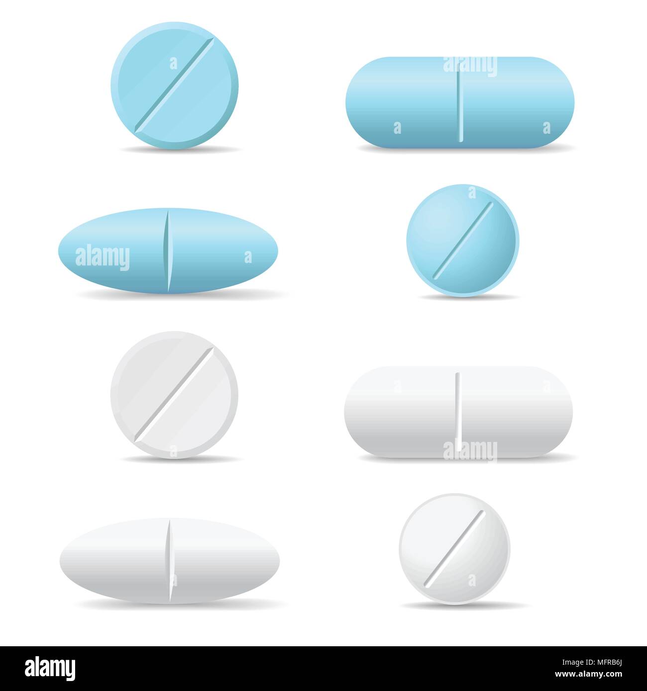 Satz von Weißen und Blauen runden und ovalen Medizin Pillen verschiedener Art, isolierte Vektor auf weißem Hintergrund mit Schatten Stock Vektor