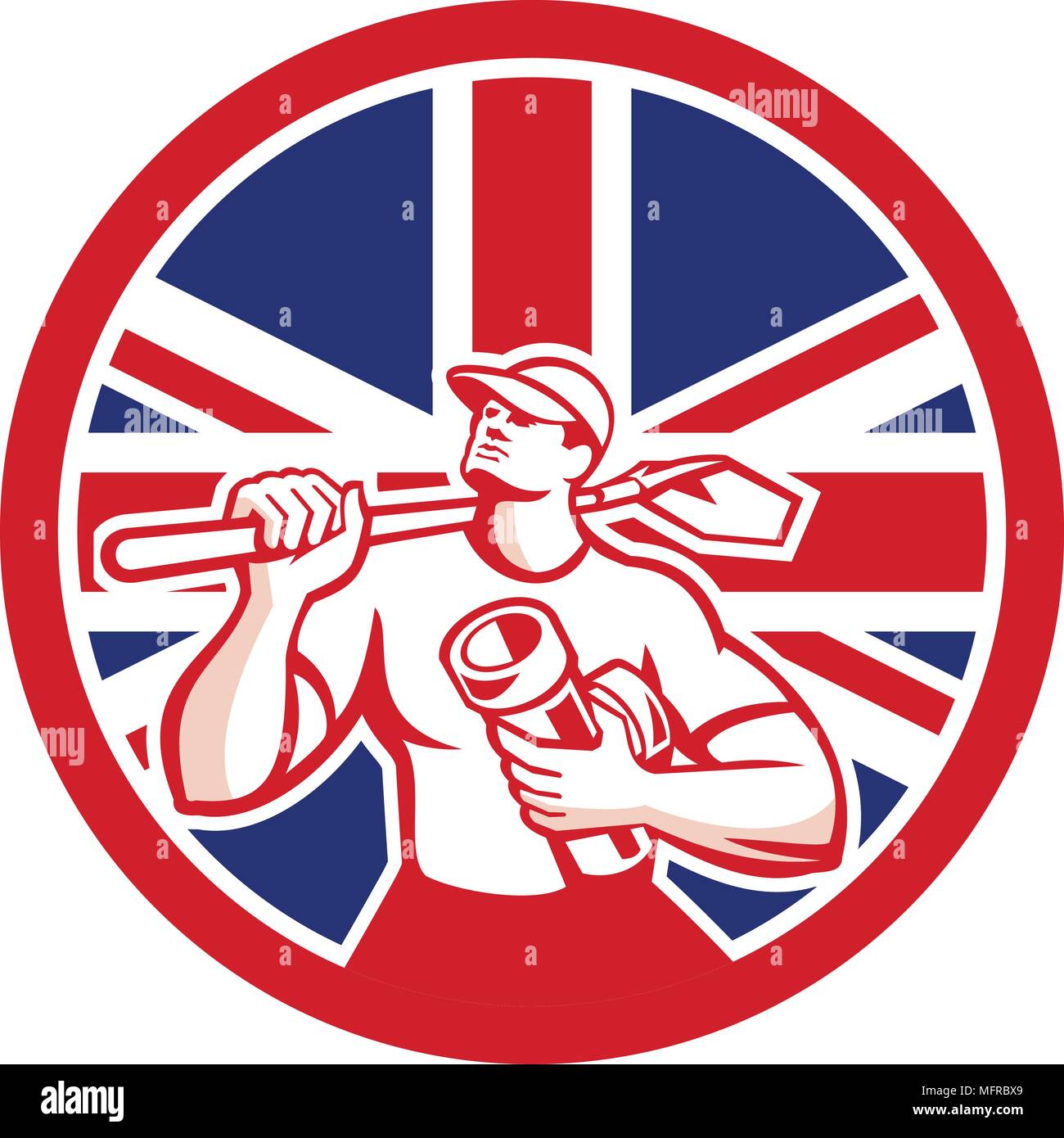 Symbol Retro Stil Abbildung eines Britischen drainlayer, Entwässerung Specialist oder Bauarbeiter mit Schaufel und Leitung mit Vereinigtes Königreich Großbritannien, Tolle Stock Vektor