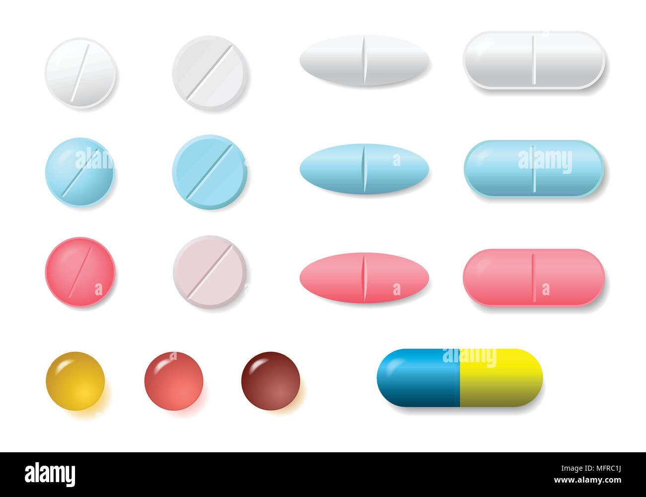 Satz von Weiß, rosa und blau runden und ovalen Medizin Pillen und Kapseln verschiedener Art, isolierte Vektor auf weißem Hintergrund mit Schatten Stock Vektor