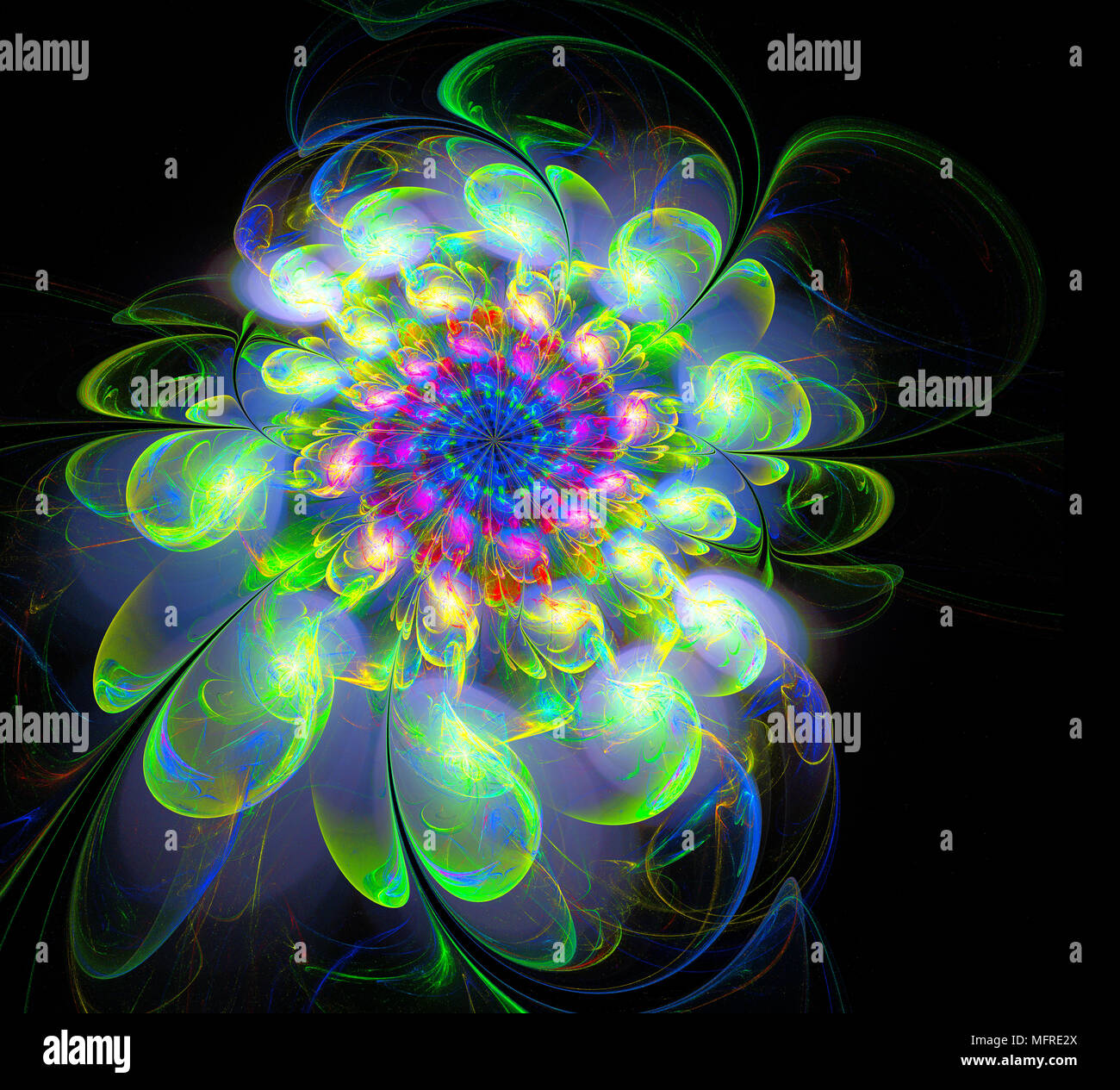 Abstrakt fractal futuristische farbenfrohe Blumenmuster. 3D-Render Abbildung eines Fraktals. Kunst fantasy Muster. Digitale Kunst Design Element. abstract p Stockfoto