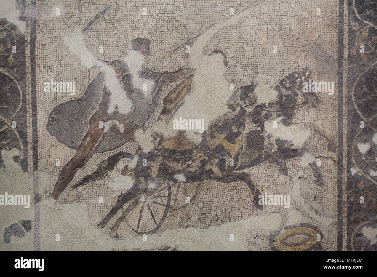 König Ödipus tötet König Laios. Römische Mosaik aus der ersten Hälfte des 1. Jahrhunderts datiert AD in Avella in der Provinz Avellino gefunden, nun im Nationalen Archäologischen Museum (Museo Archeologico Nazionale di Napoli) in Neapel, Kampanien, Italien. Stockfoto