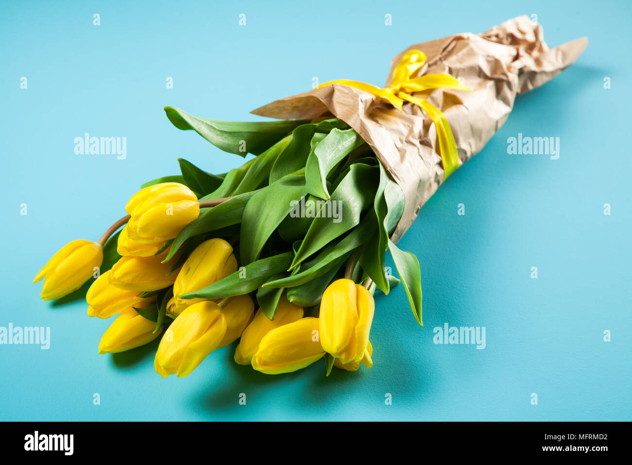 Gelbe Tulpen auf blauem Hintergrund Stockfoto