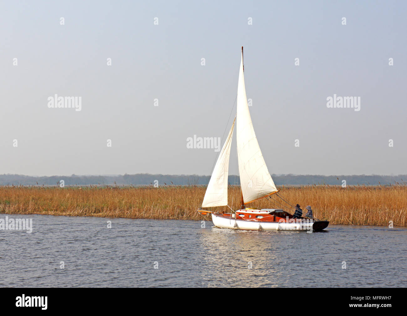 Eine Yacht segeln auf dem Fluss Bure auf der Norfolk Broads an Oby, Norfolk, England, Vereinigtes Königreich, Europa. Stockfoto