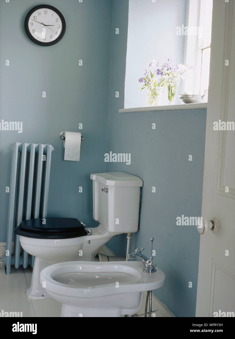 Ein Detail einer blauen Land Badezimmer traditionelle wc und bidet Altmodische kühler Tür öffnen Stockfoto