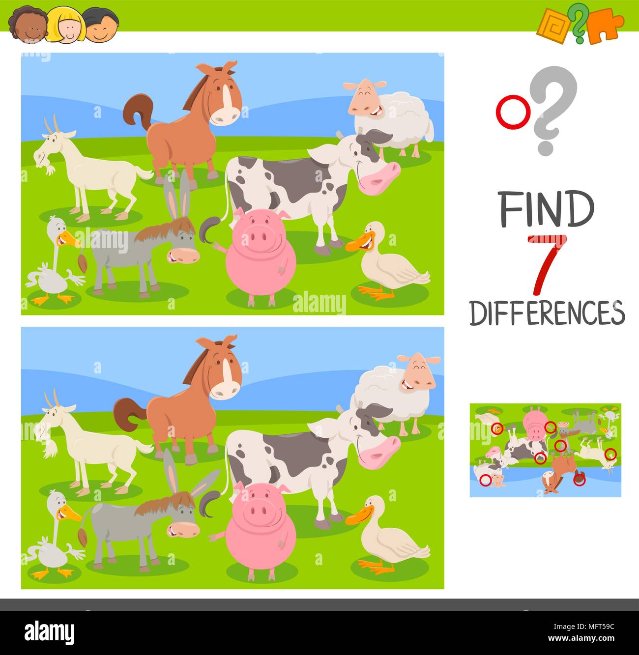 Cartoon Illustration des Findens Sieben Unterschiede zwischen Bilder pädagogische Tätigkeit Spiel für Kinder mit Nutztieren Gruppe Stock Vektor
