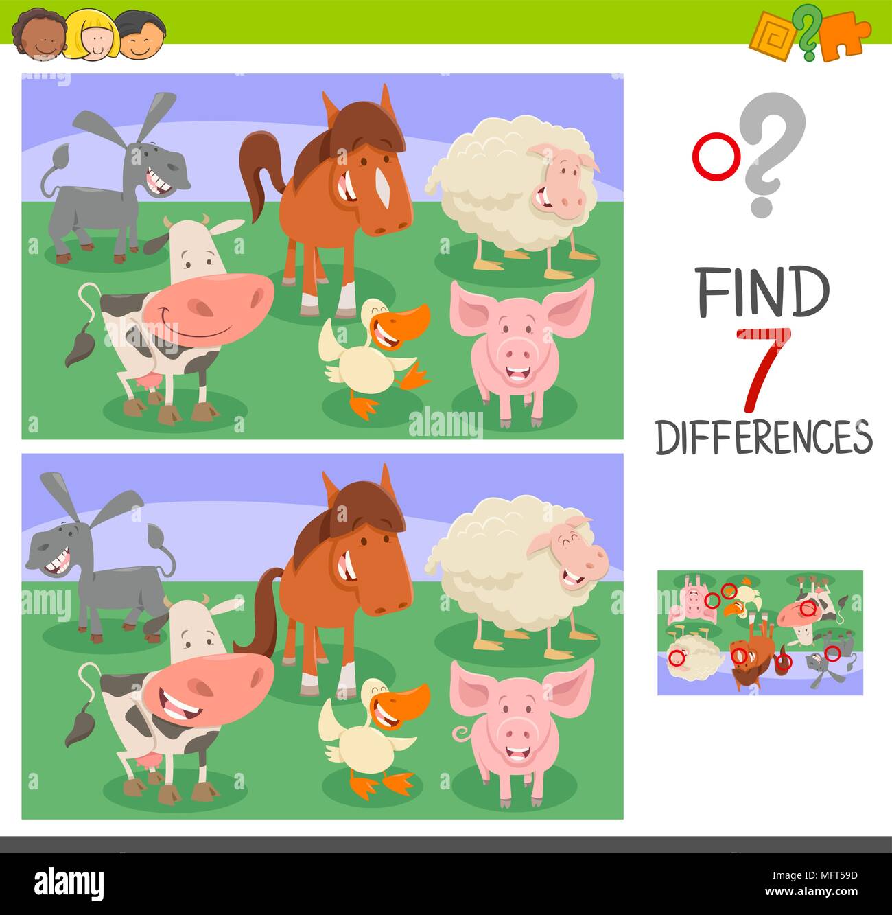 Cartoon Illustration des Findens Sieben Unterschiede zwischen Bilder pädagogische Tätigkeit Spiel für Kinder mit Farm Animal Zeichen Stock Vektor