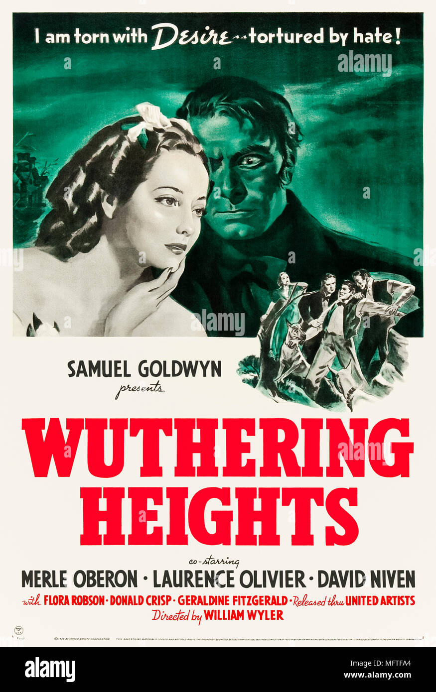 Die Kinoadaption des klassischen Romans von Emily Brontë über eine dem Untergang geweihte Liebe, die gegen die grausamen Moore Yorkshires spielt, in dem Heathcliff Rache sucht, nachdem Cathy einen anderen heiratet. Foto eines original vollständig restaurierten Posters mit Leinenrücken aus dem Jahr 1939. Quelle: BFA / United Artists Stockfoto