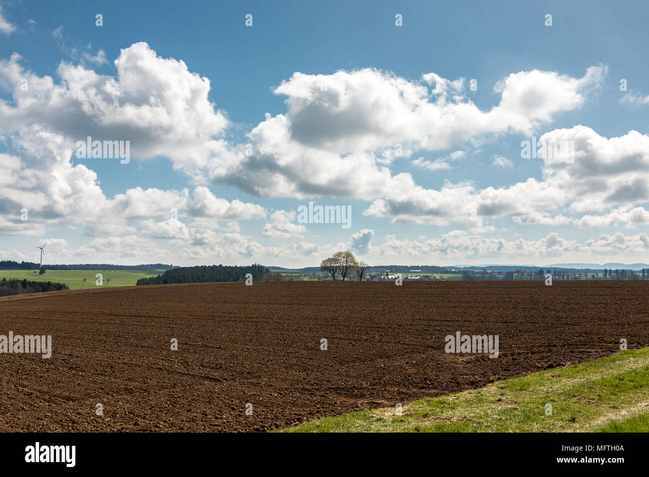 Große braune Felder von fruchtbarem Boden, grünen Wald und Wind im Hintergrund Stockfoto