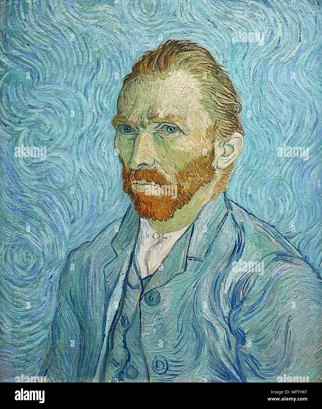Van Gogh self portrait mit blauen Hintergrund und blauen Jacke vor blauem Hintergrund Stockfoto
