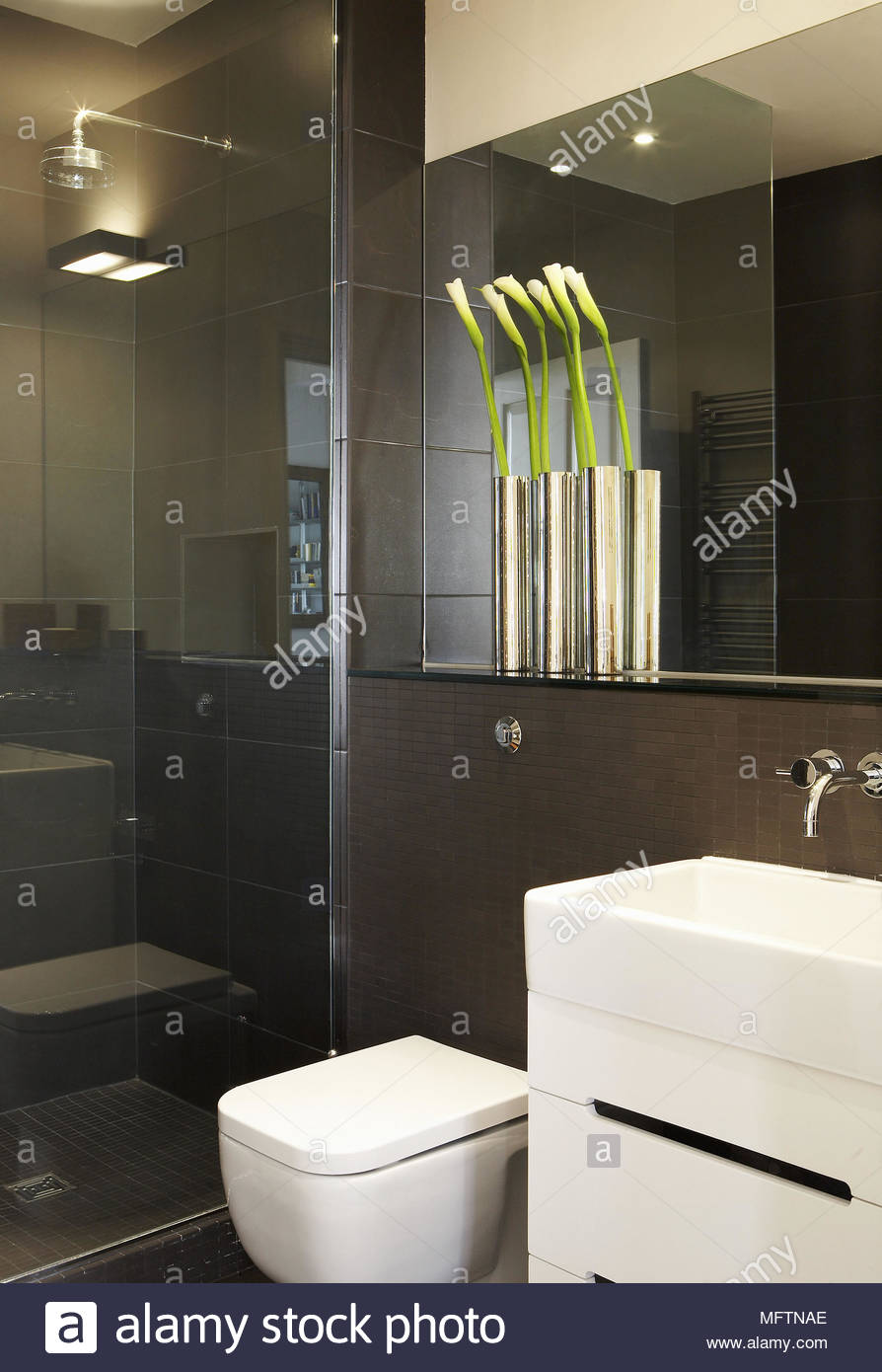 Blumen in Vasen über Waschbecken aus Stahl in der zeitgenössischen ... Blumen in Vasen über Waschbecken aus Stahl in der zeitgenössischen ...