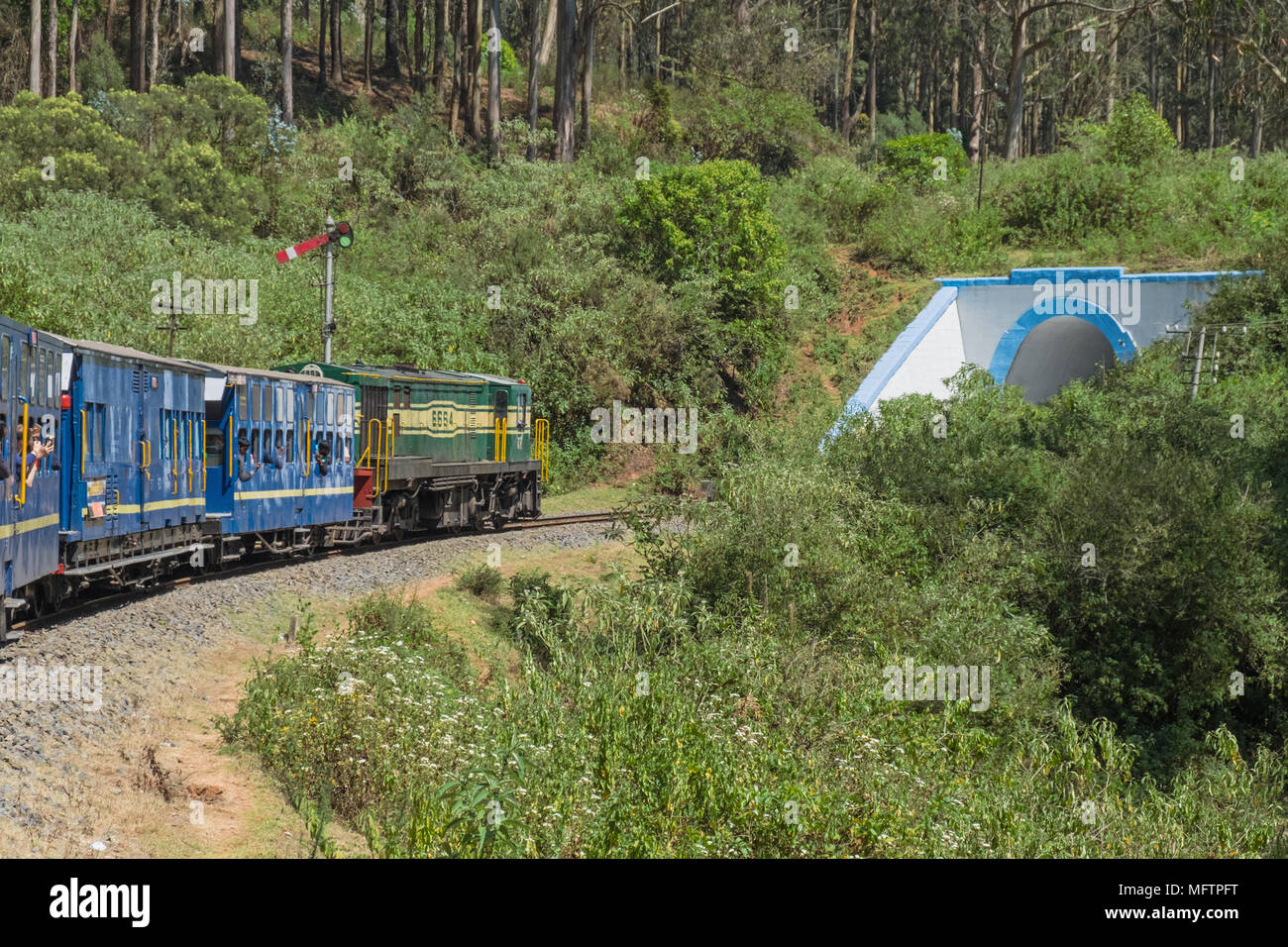 Nilgiris, Indien -, 4. März 2018: Zug auf der Nilgiri Mountain Railway Annäherung an einen Tunnel nach Ooty en Route für Coonoor Stockfoto