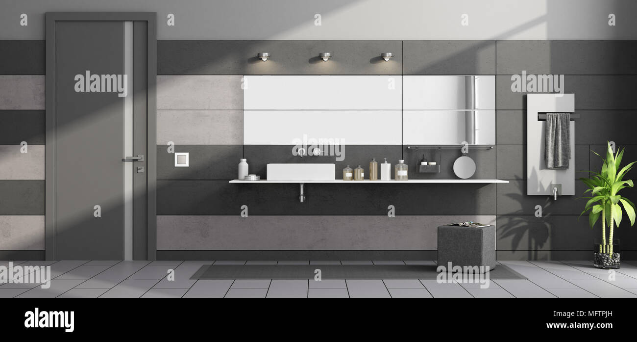 Schwarz und Grau moderne Badezimmer mit Waschbecken im Regal und geschlossene Tür - 3D-Rendering Stockfoto