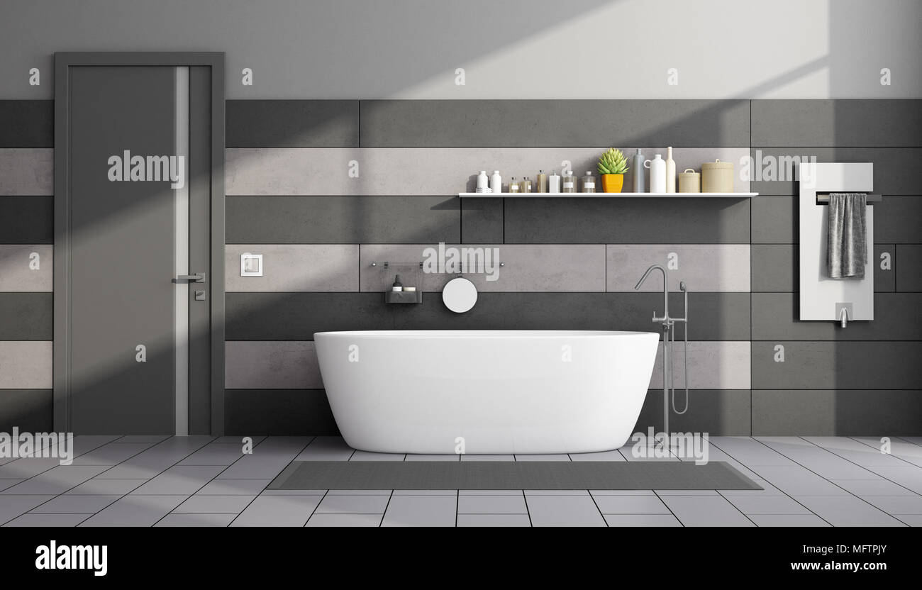In schwarz und grau, modernes Bad mit Badewanne und eine geschlossene Tür - 3D-Rendering Stockfoto