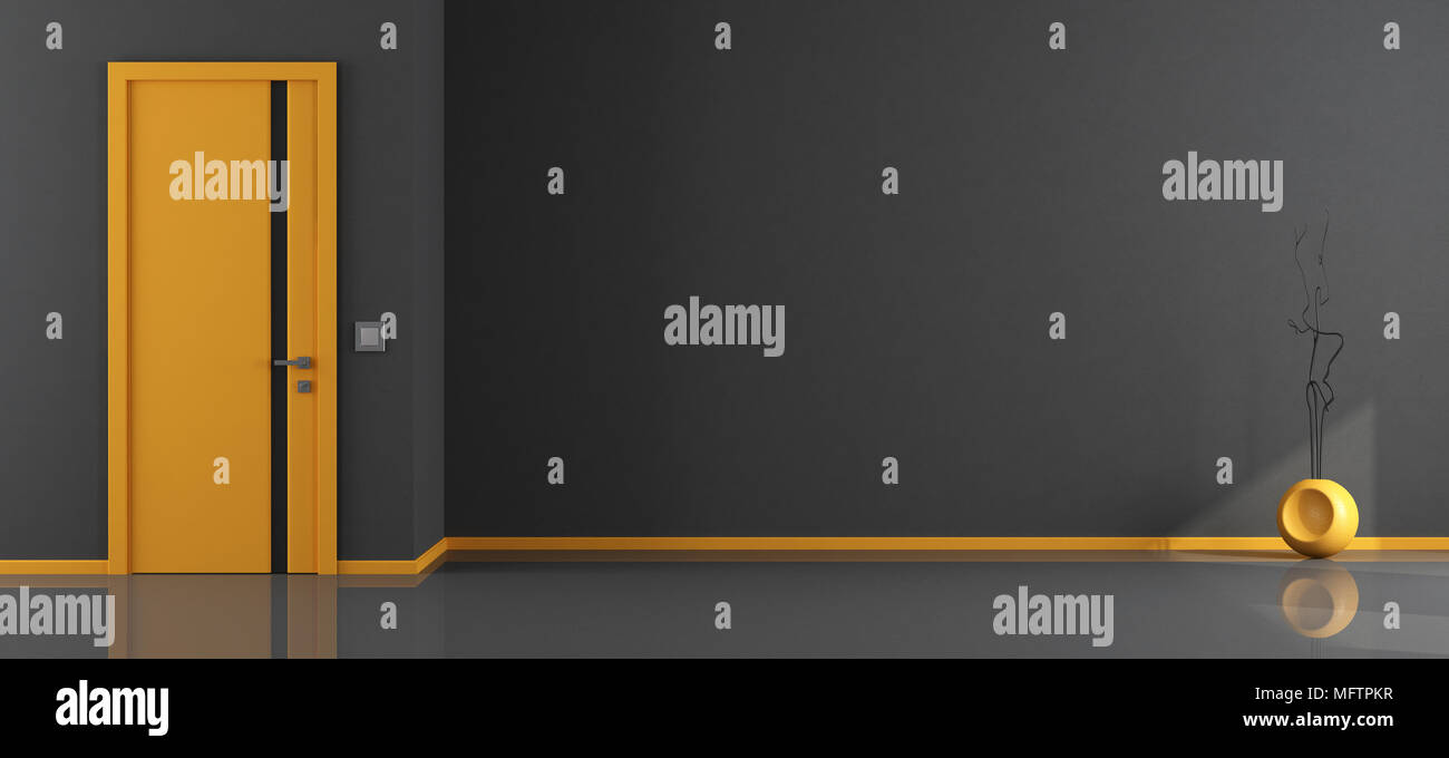 Leeren grauen und gelben Zimmer mit geschlossener Tür - 3D-Rendering Stockfoto