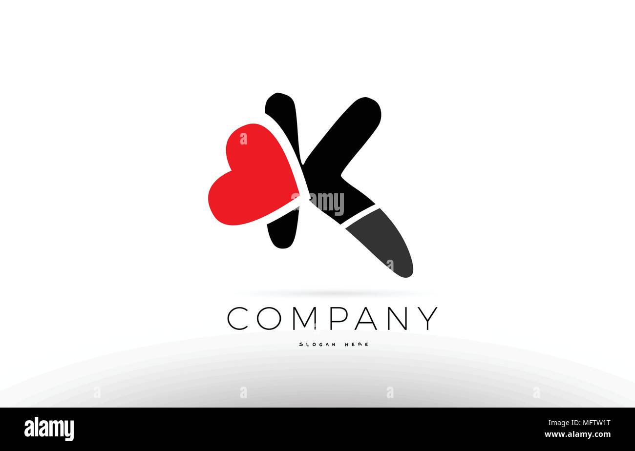 Firma Alphabet Buchstaben K Logo Design mit roten Liebe Herz Symbol Stock Vektor