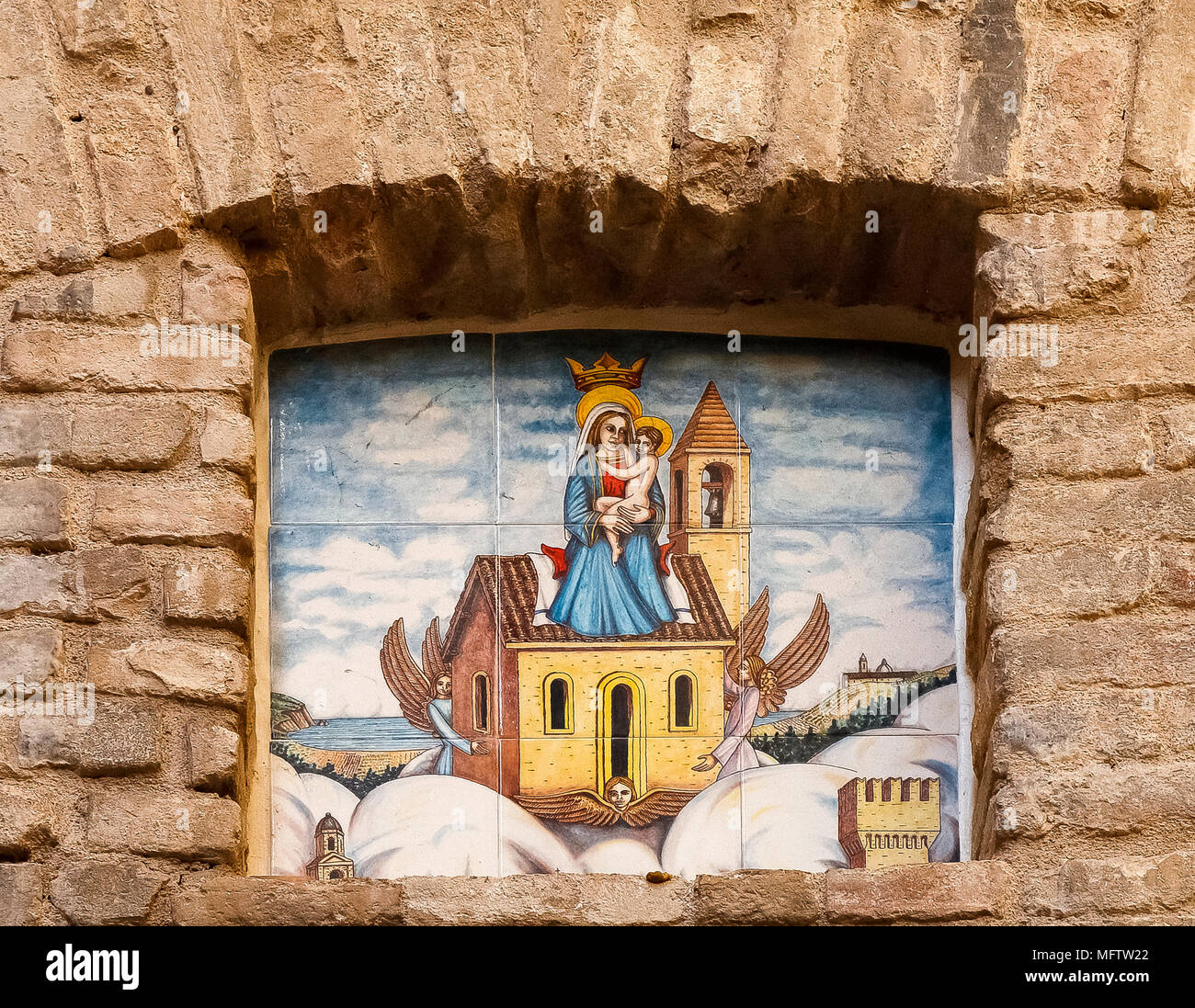 Italien Marken Recanati: Thema Fliesen Zusammensetzung, Santa Haus Transport mit Madonna und Kind Stockfoto