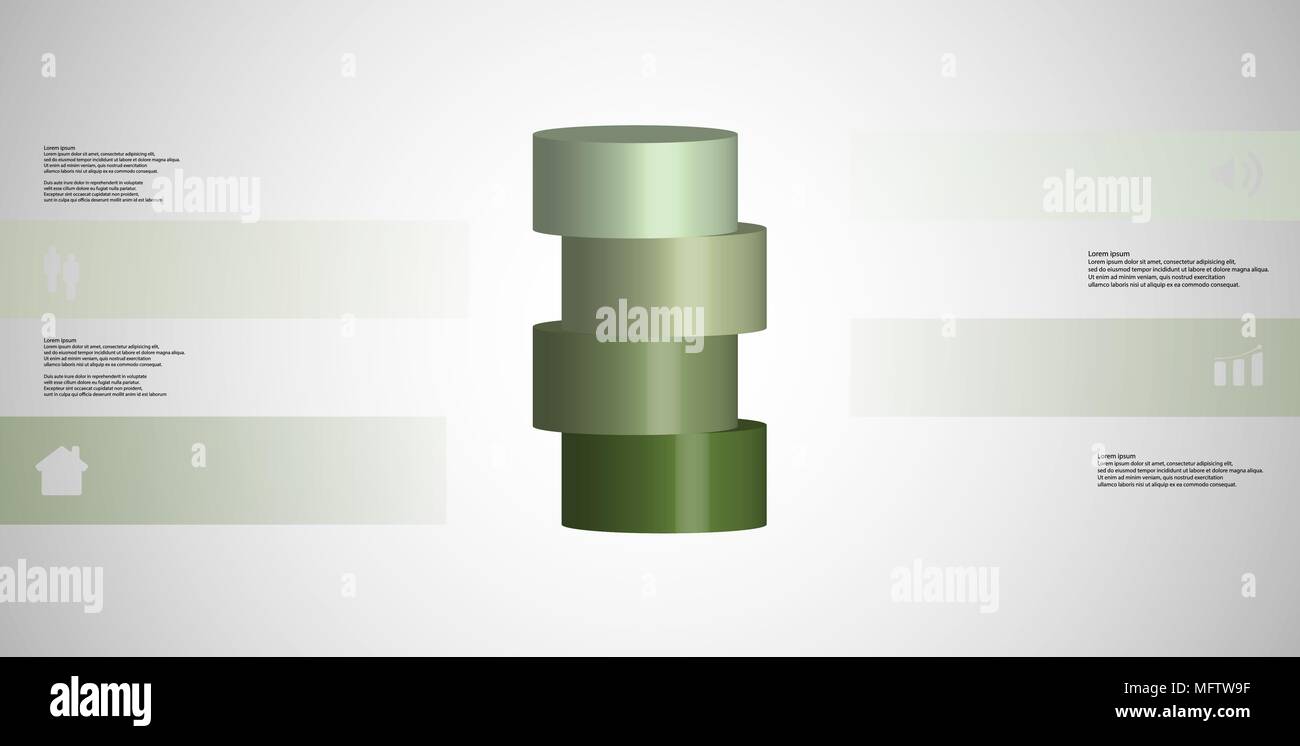 3D-Illustration Infografik Vorlage mit dem Motiv des Horizontal geschnitten Zylinder zu vier grünen Teile, die verschoben sind. Einfache Zeichen und Text ist in colo Stock Vektor