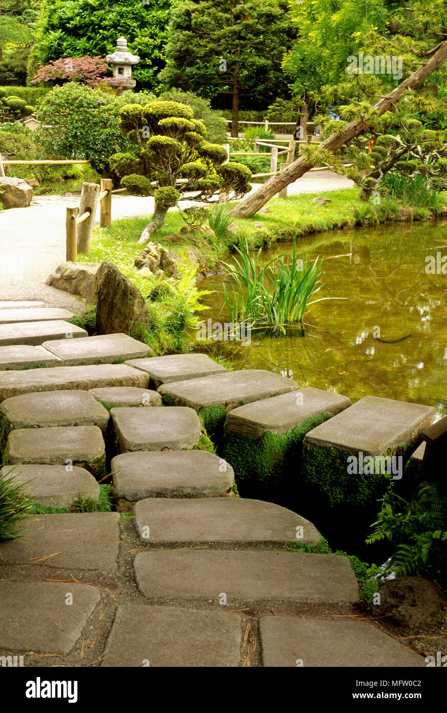 Stein weg neben einem Teich Stockfoto
