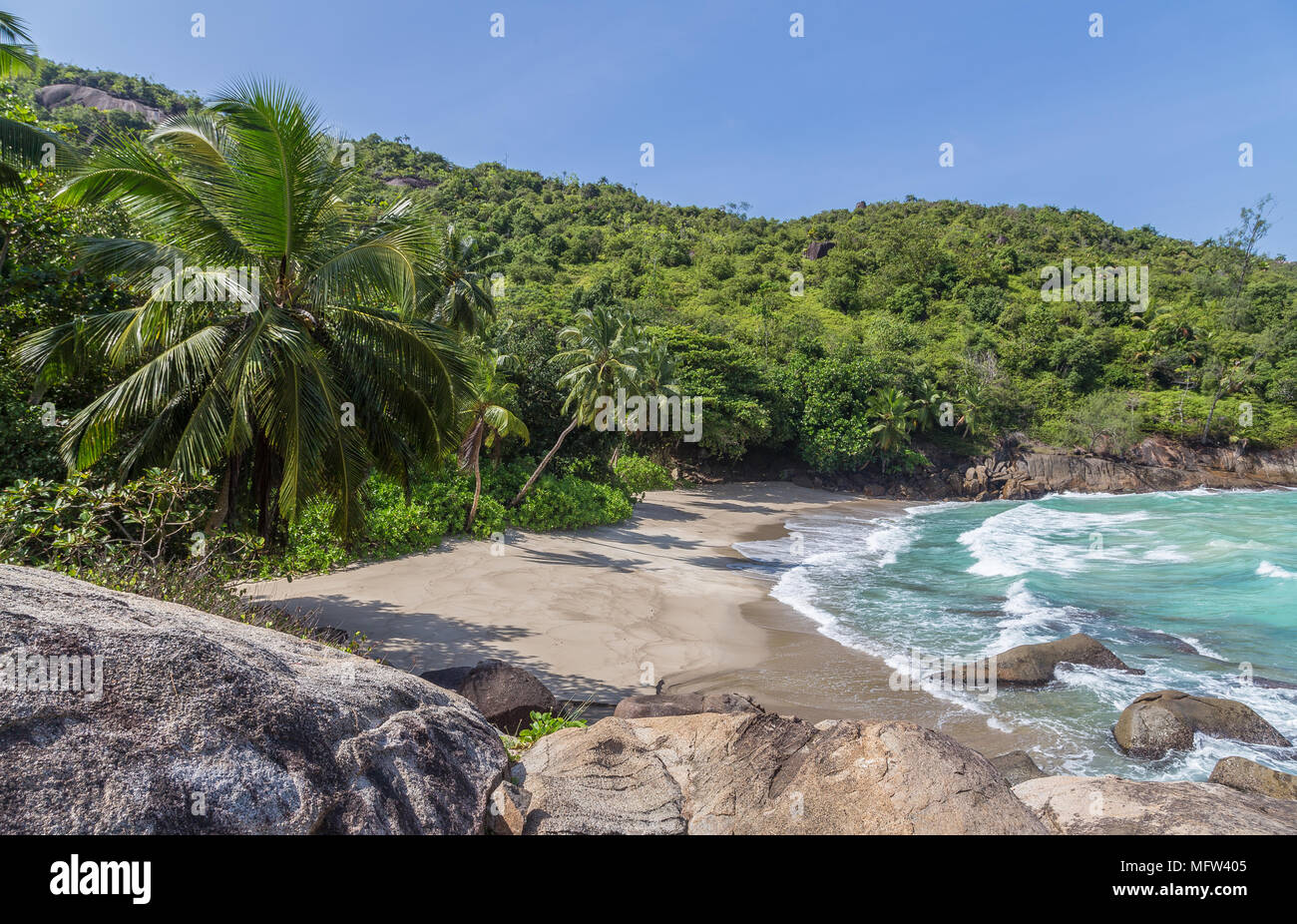 Anse Major Strand auf Mahe Seychellen. Stockfoto