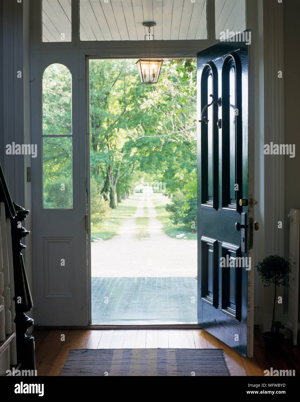 Blick durch Öffnen der vorderen Tür Eingang hinaus zum Garten. Stockfoto
