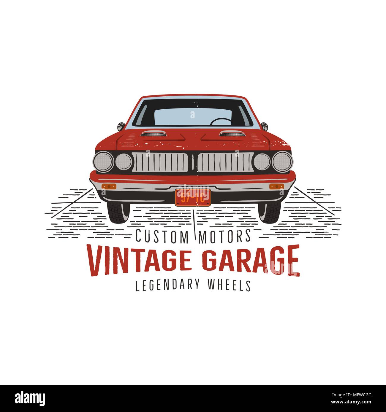 Jahrgang Hand gezeichnet Muscle Car. Retro red amerikanische Symbol auto Design. USA klassisches Automobil Emblem auf weißem Hintergrund. Vektor Stock Vektor