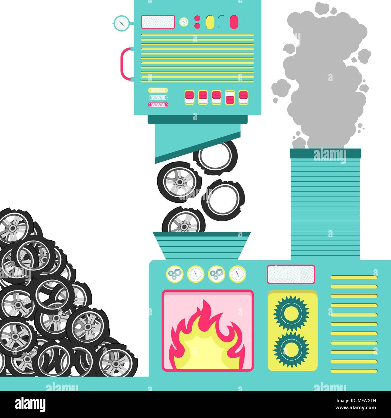 Maschinen mit einem Ofen verbrennen von Altreifen. Stapel der Reifen auf der Seite. Rauch aus dem brennenden aus dem Schornstein kommt. Stock Vektor